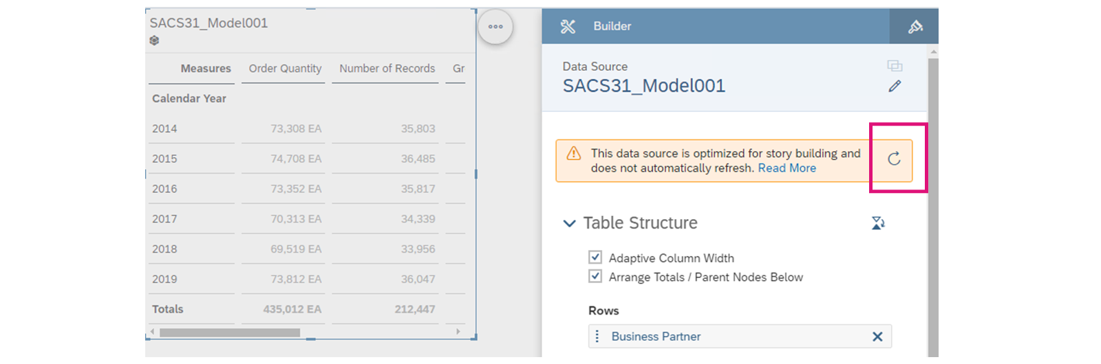 在故事“生成器”面板中突出显示“数据刷新”图标的 SAP Analytics Cloud 故事。