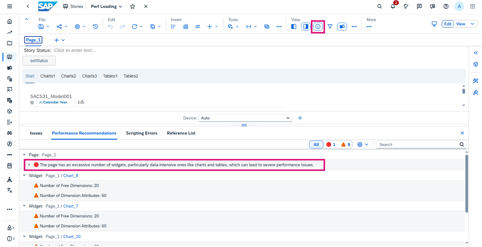 突出显示性能优化提示图标的 SAP Analytics Cloud 故事。