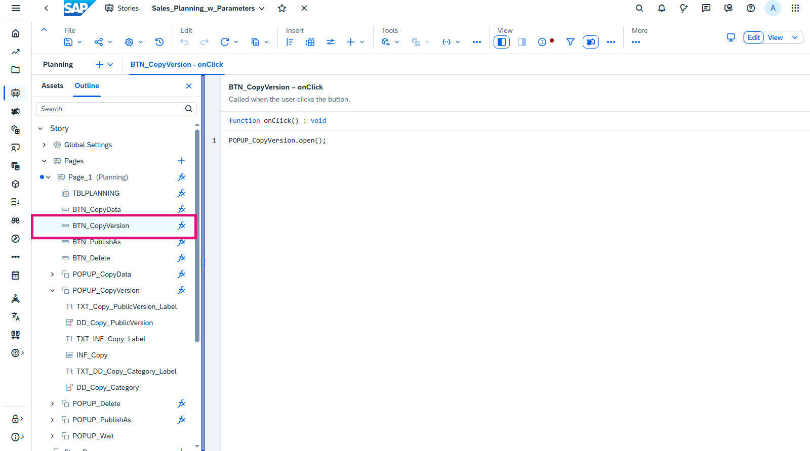 BTN_CopyVersion 中用于打开 POPUP_CopyVersion 的代码。