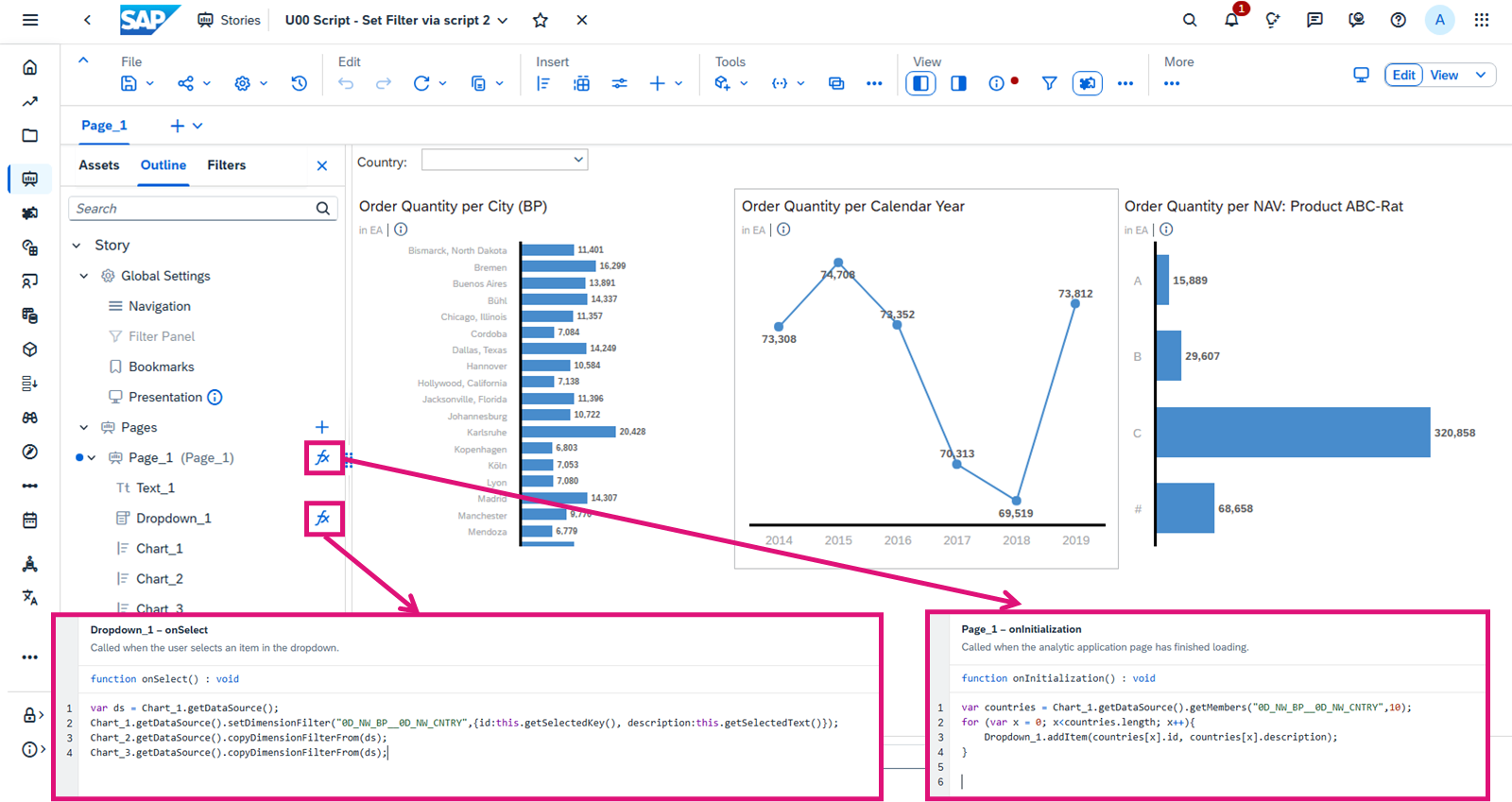 具有第 1 页 onInitialization 事件脚本和下拉列表的 onSelect 事件脚本的 SAP Analytics Cloud 故事。