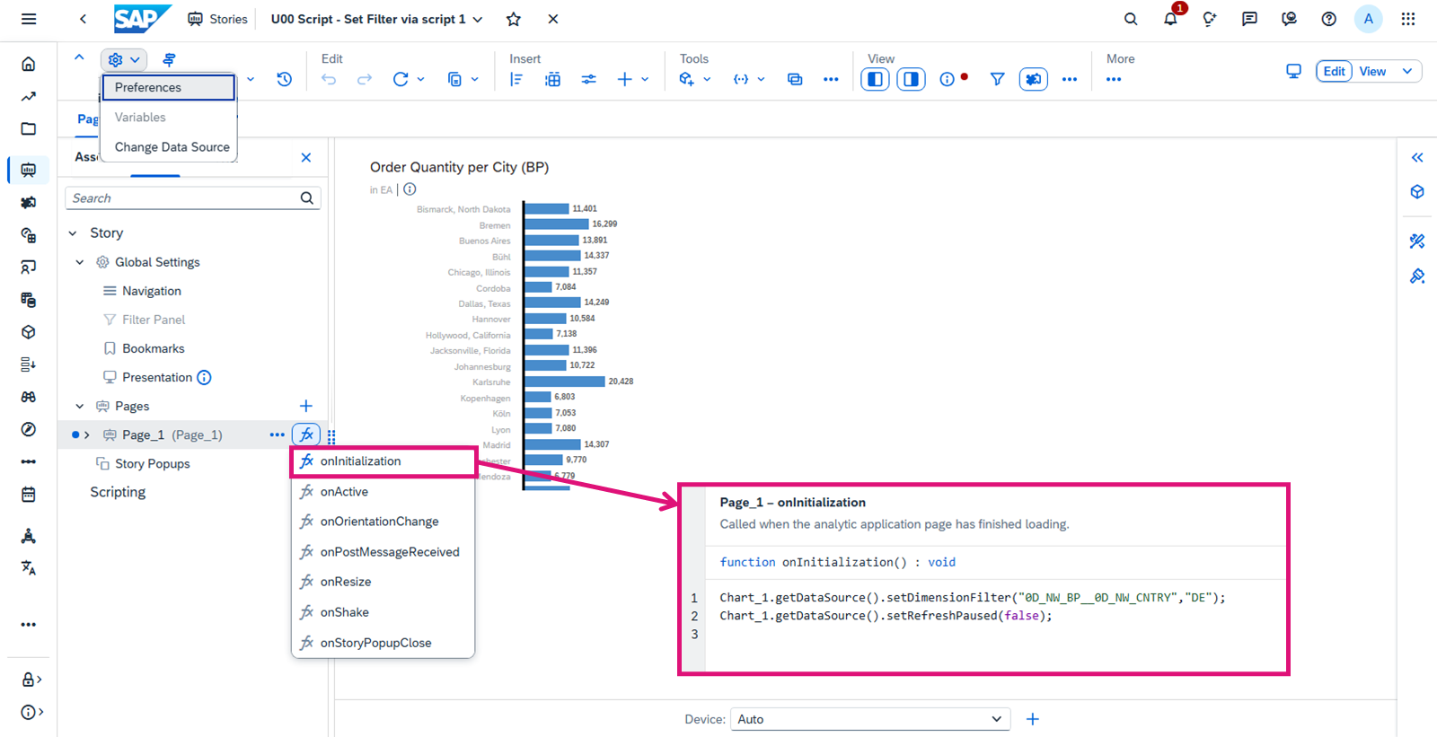 具有第 1 页 onInitialization 事件脚本的 SAP Analytics Cloud 故事。屏幕截图中的脚本位于屏幕截图的上方。