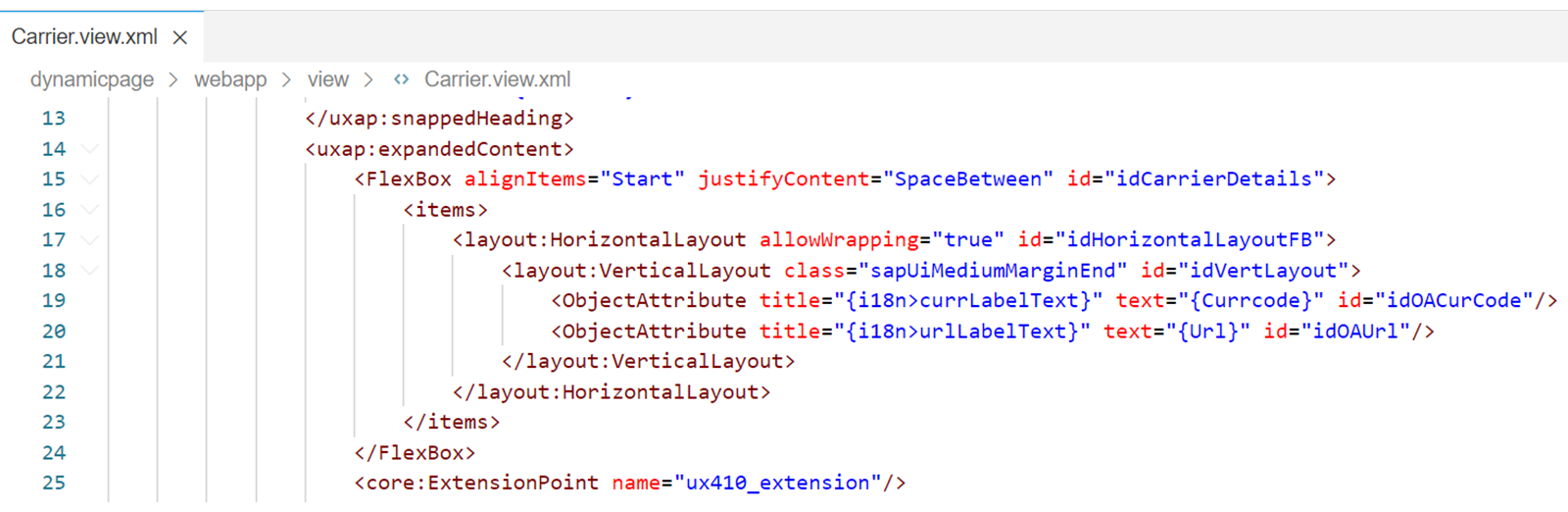 Carrier.view.xml 文件的屏幕截图。