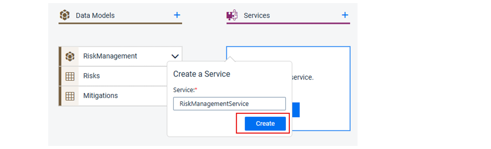 截图显示 Service 字段中的 RiskManagementService 以及 Create 按钮