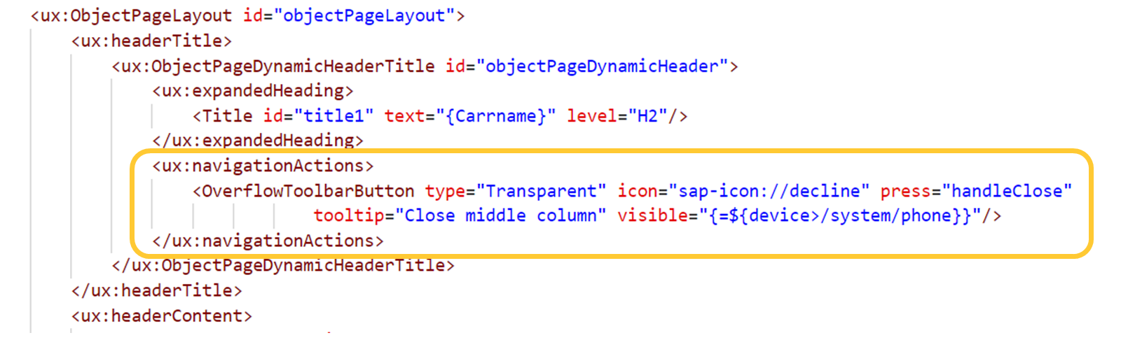 视图 xml 代码,其中包含带有 OverflowToolbarButton 元素的 navigationActions 聚合。