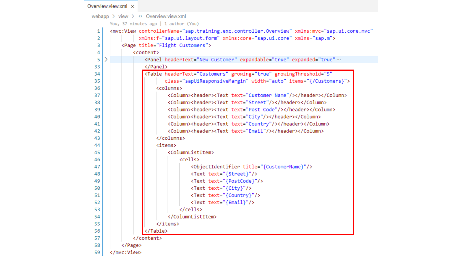 Overview.view.xml 文件，突出显示了 Table 标签。