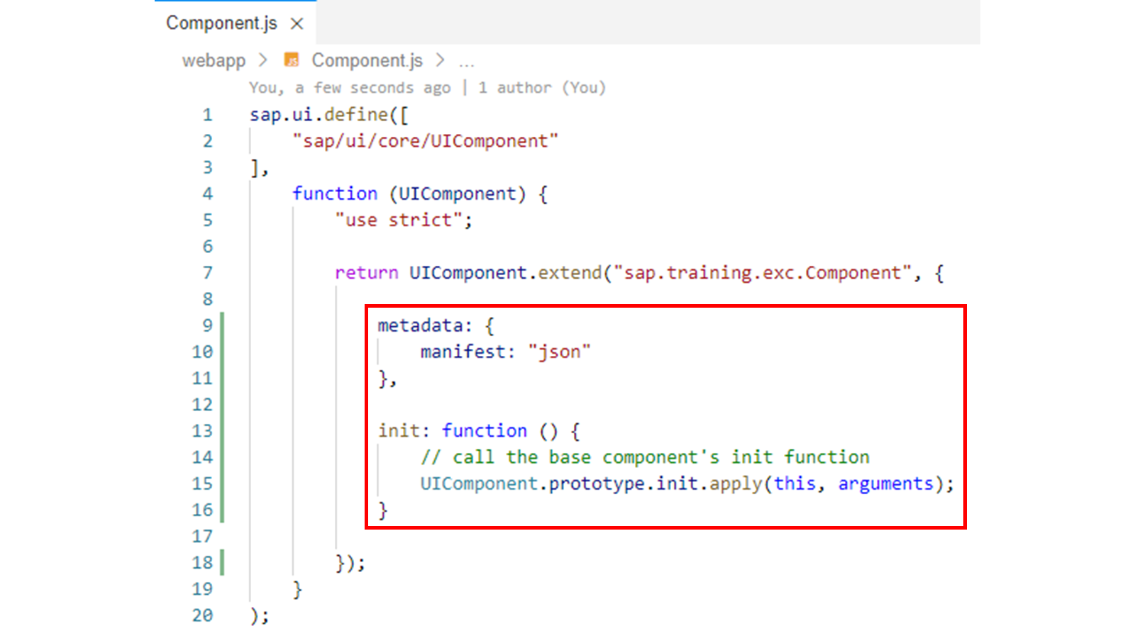 Component.js 文件,突出显示 metadata 代码。