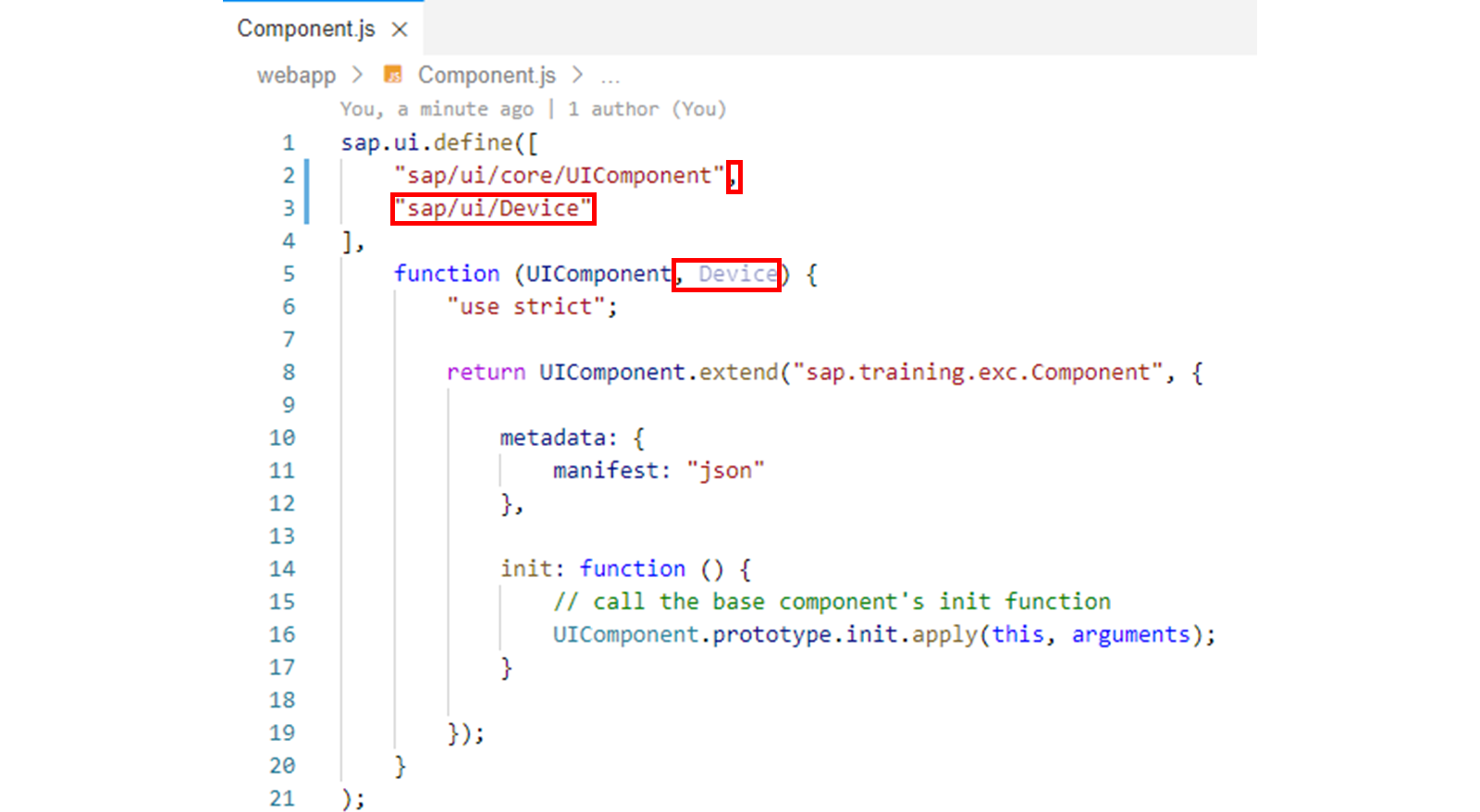 生成的 Component.js，高亮显示 sap/ui/Device 代码。