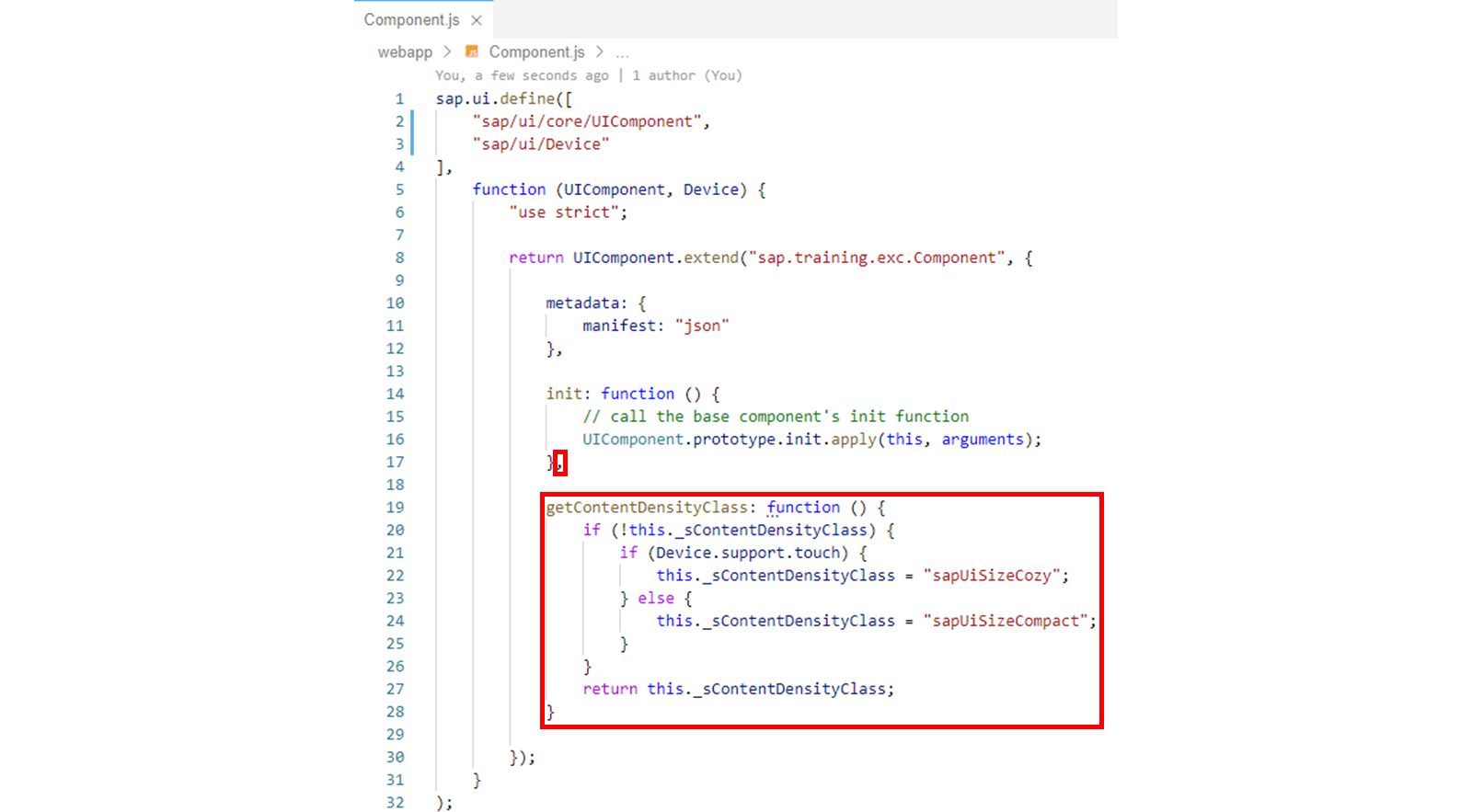 生成的组件控制器代码，高亮显示 getContentDensityClass 函数。