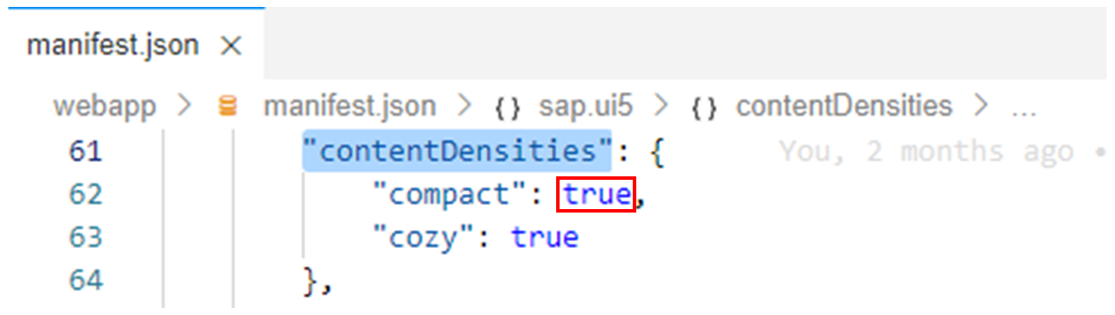 manifest.json 文件。compact 属性设置为 true。