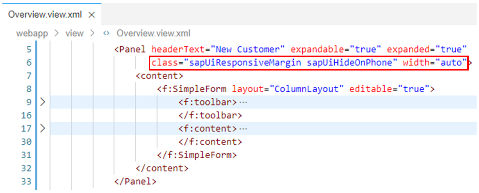 Overview.view.xml 文件，高亮显示 class 属性。
