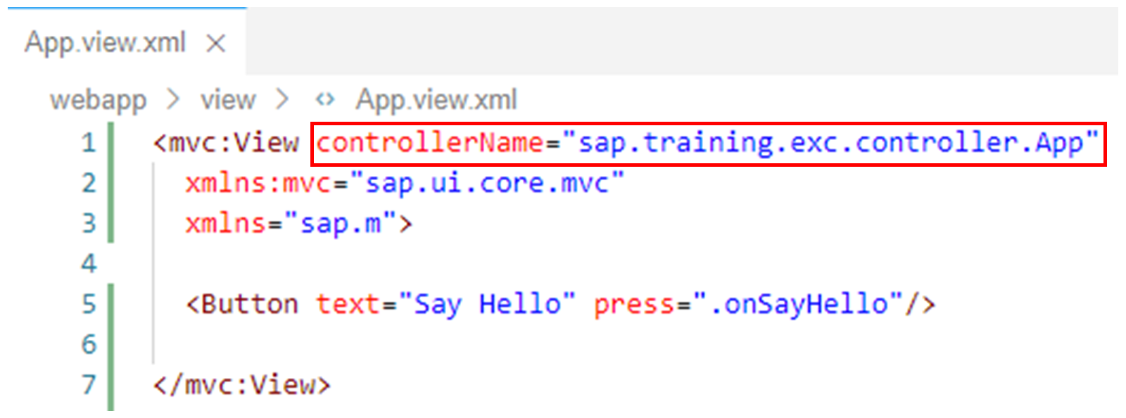 更新后的 XML 视图，其中突出显示了 controllerName 属性。