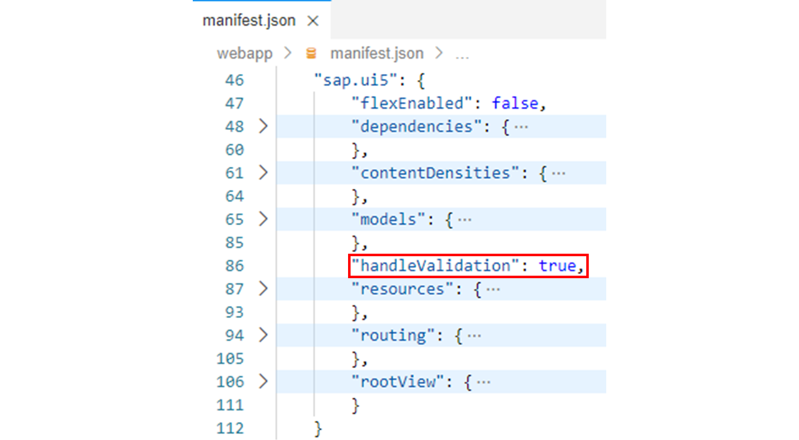 manifest.json 文件，突出显示了 handleValidation 函数。