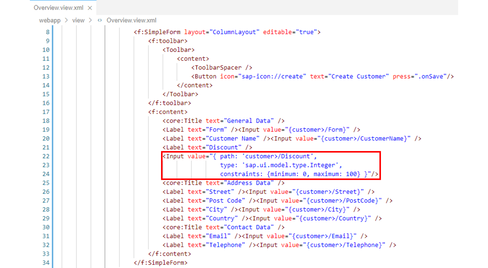 Overview.view.xml 文件，突出显示了 Input 标签。