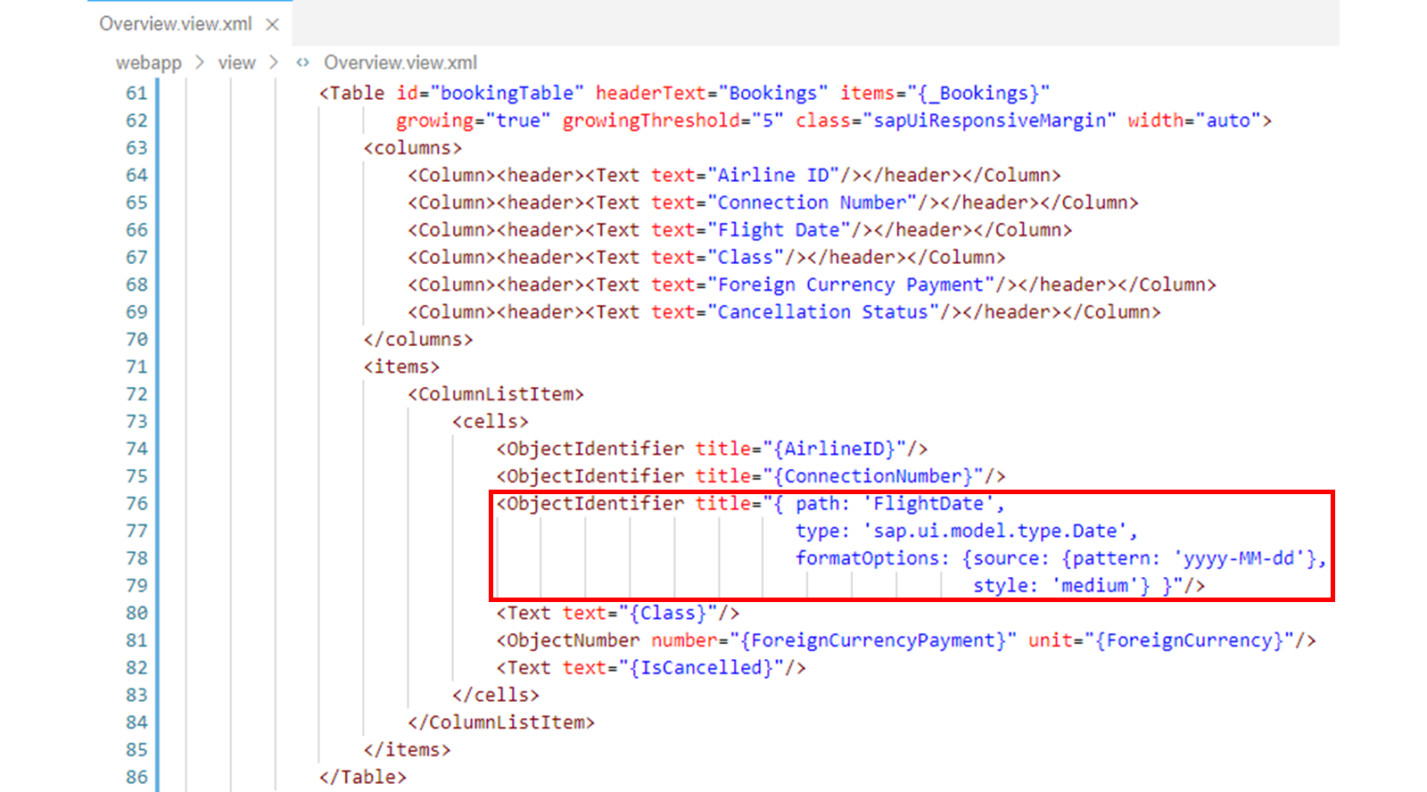 Overview.view.xml 文件，突出显示了 ObjectIdentifier 标签。