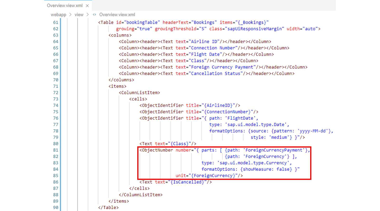 Overview.view.xml 文件，突出显示了 ObjectNumber 标签。