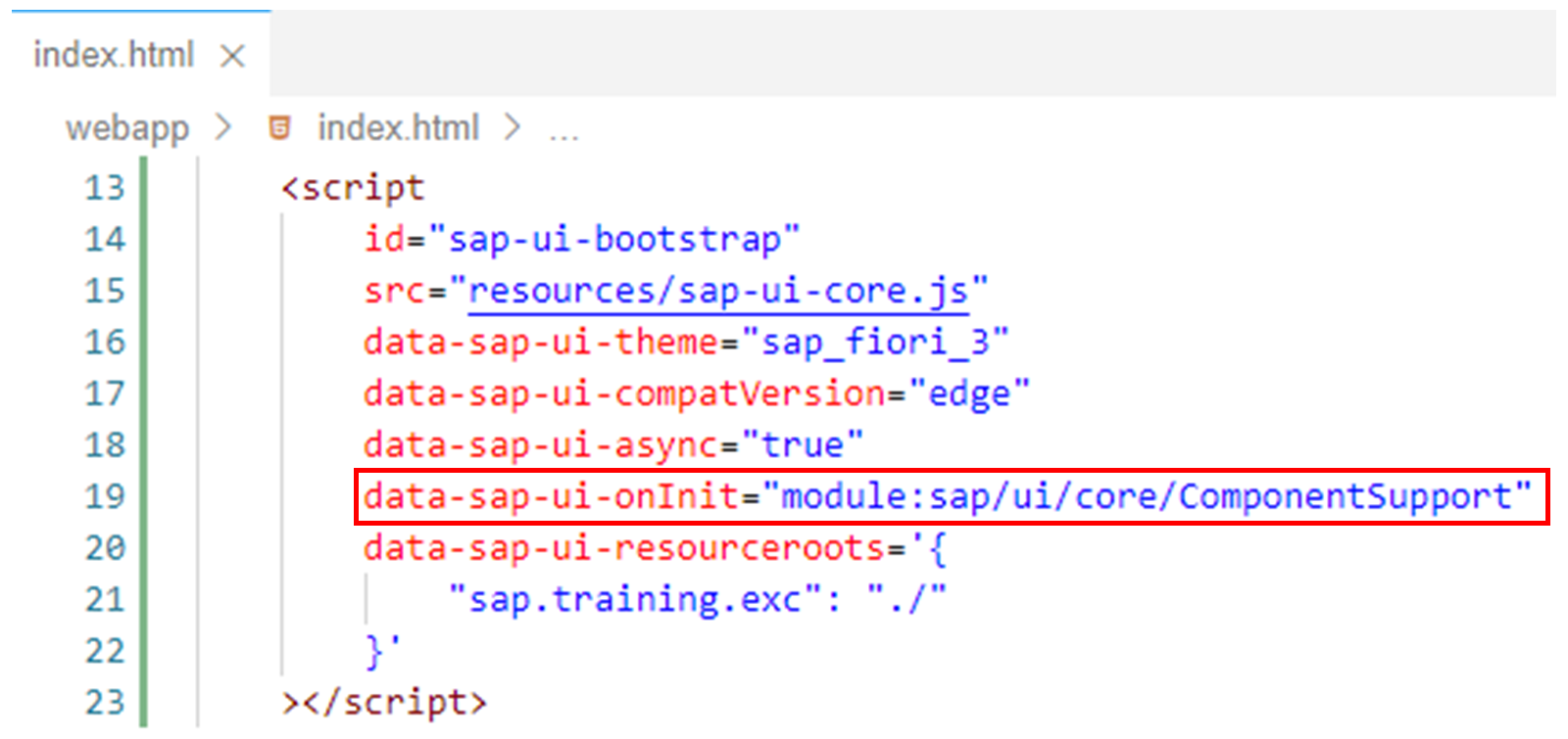index.html 文件，突出显示 data-sap-ui-onInit 行。