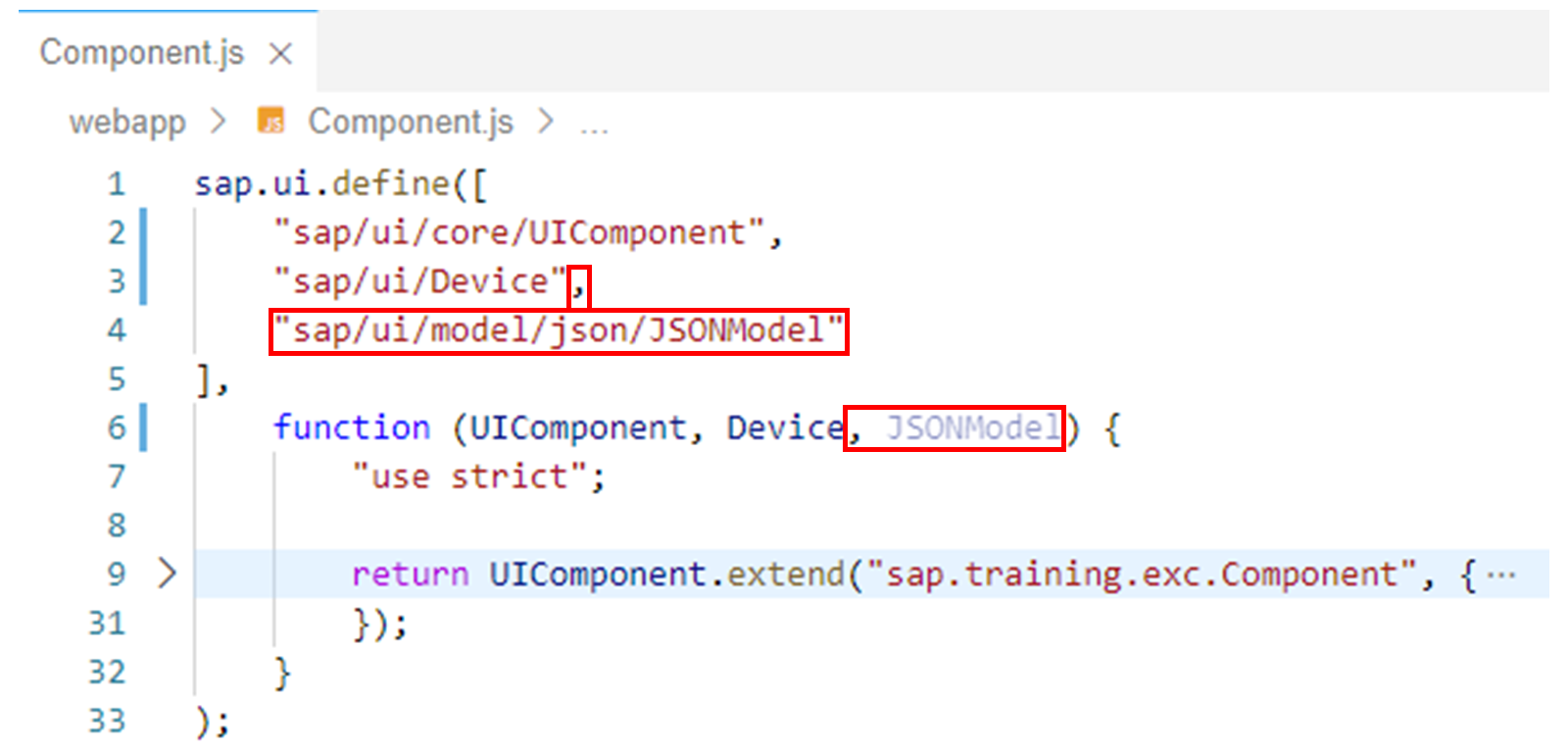 XML 代码，突出显示了 sap/ui/model/json/JSONModel 行。