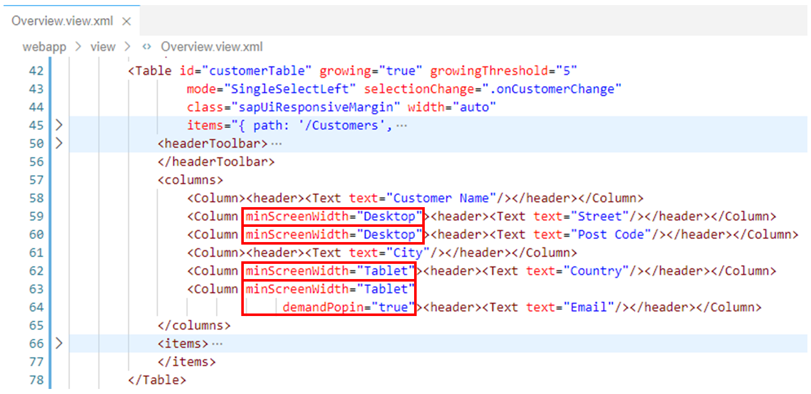 XML 代码，突出显示了 minScreenWidth 属性。