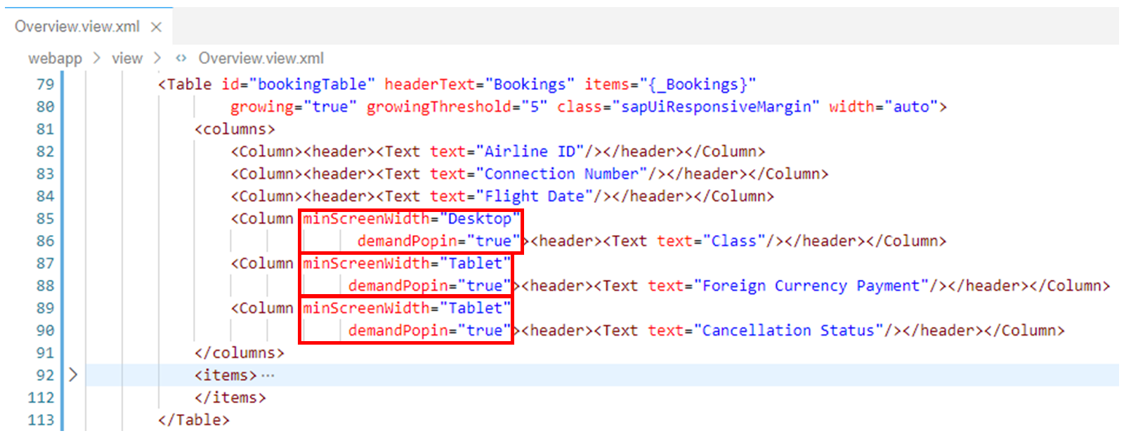 XML 代码，突出显示了 minScreenWidth 属性。