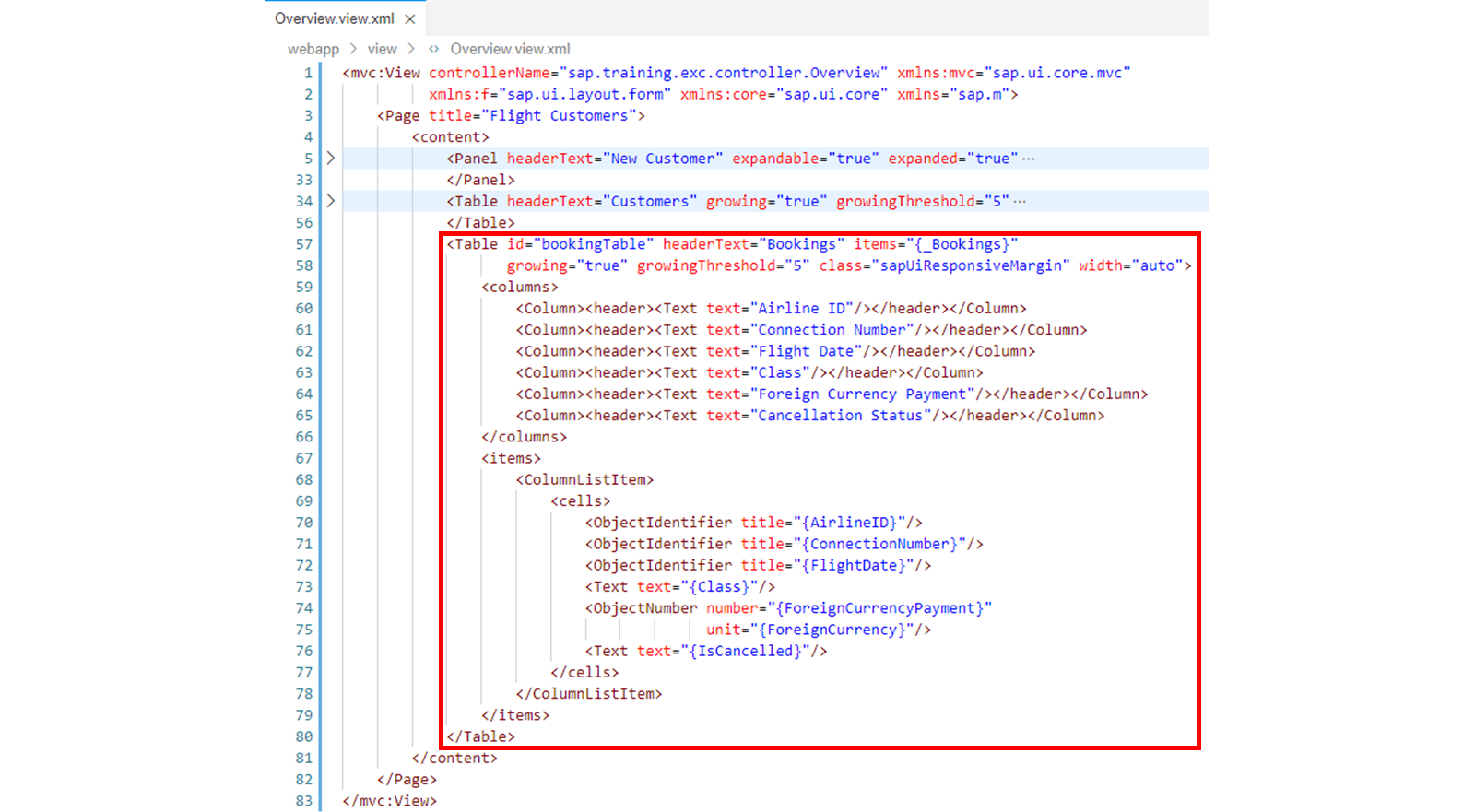 Overview.view.xml 文件，突出显示了 Table 标签。
