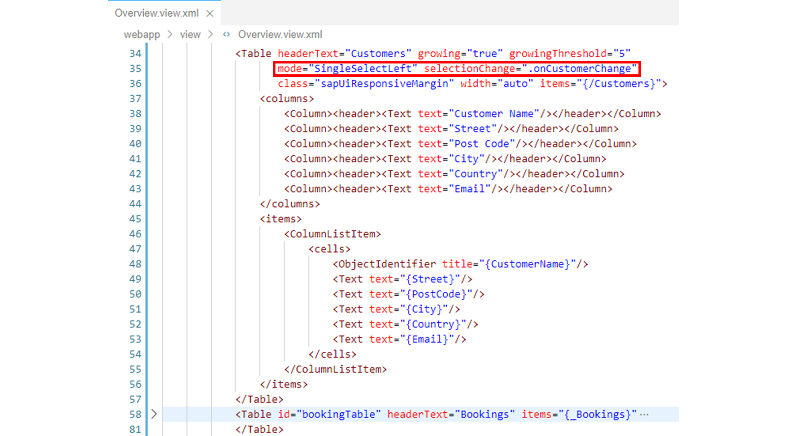 Overview.view.xml 文件，突出显示了 mode 属性。