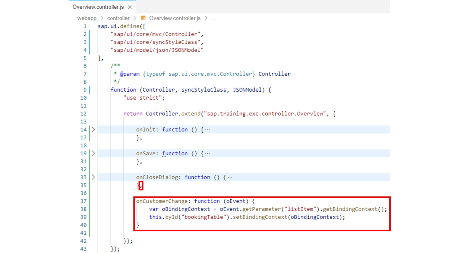 Overview.controller.js 文件，突出显示了 onCustomerChange 函数。