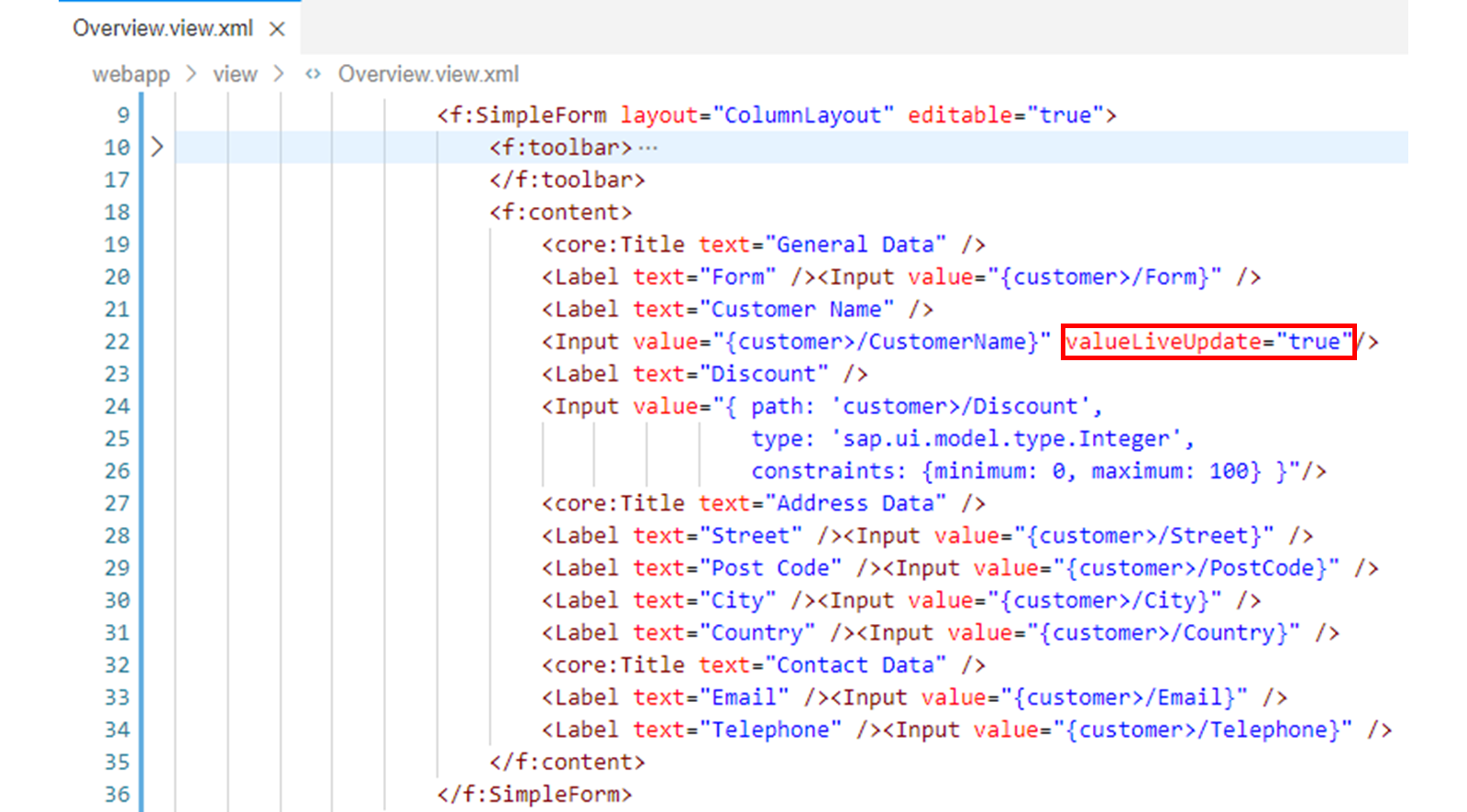 Overview.view.xml 文件，突出显示 valueLiveUpdate 属性。