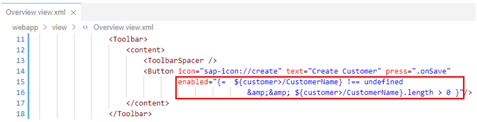 Overview.view.xml 文件，突出显示 enabled 属性。