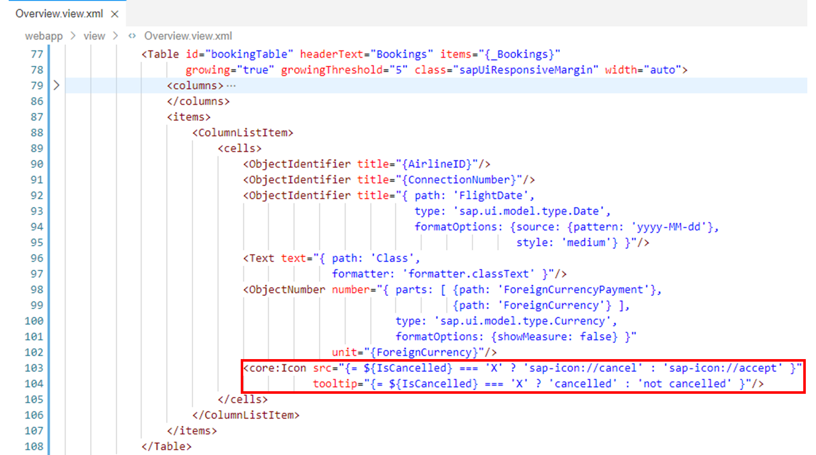 生成的 XML 文件，突出显示 core:Icon 标签。
