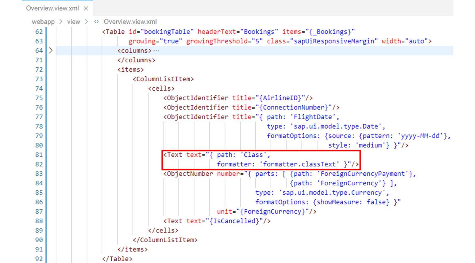 XML 代码，突出显示了  标签。