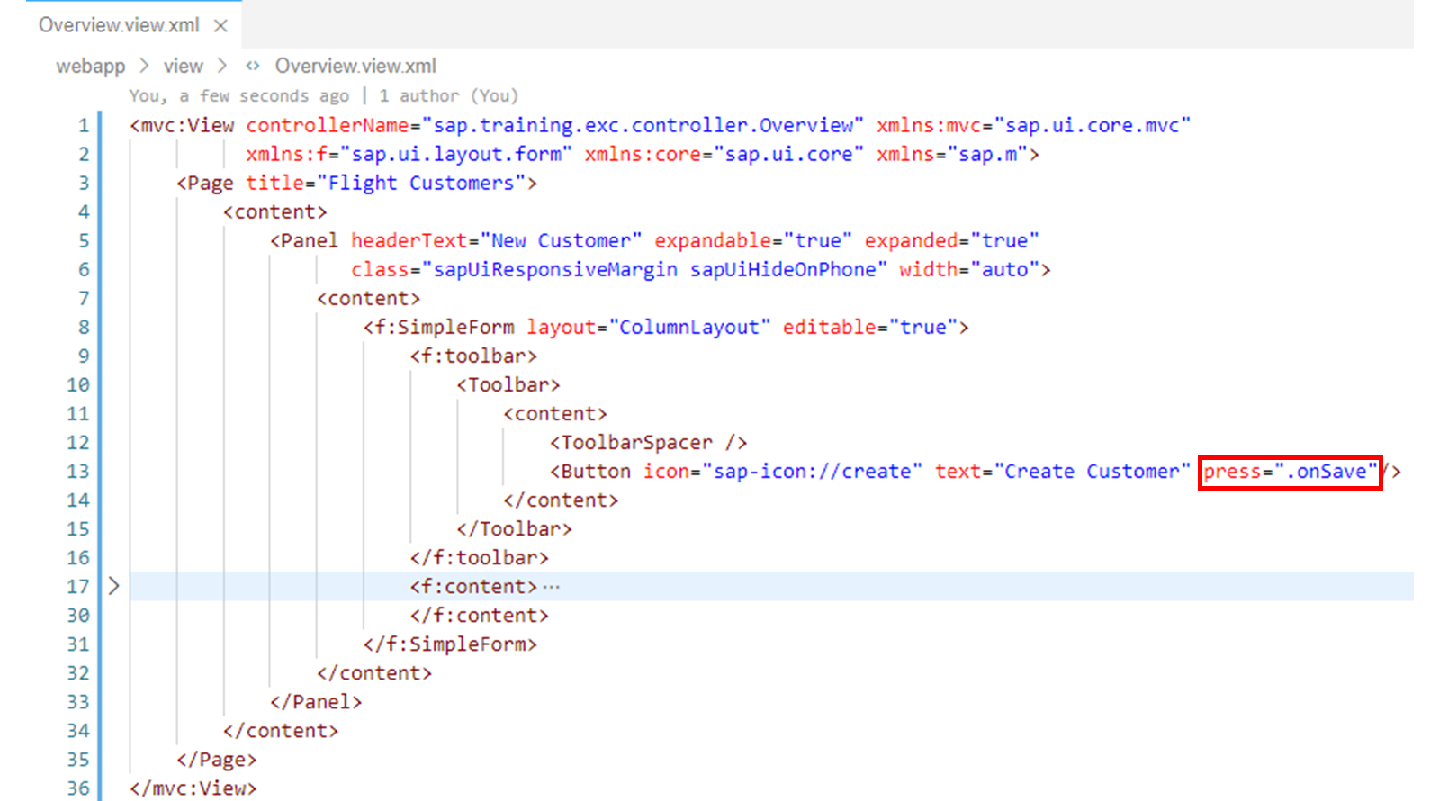 Overview.view.xml,突出显示 press=.onSave 属性。