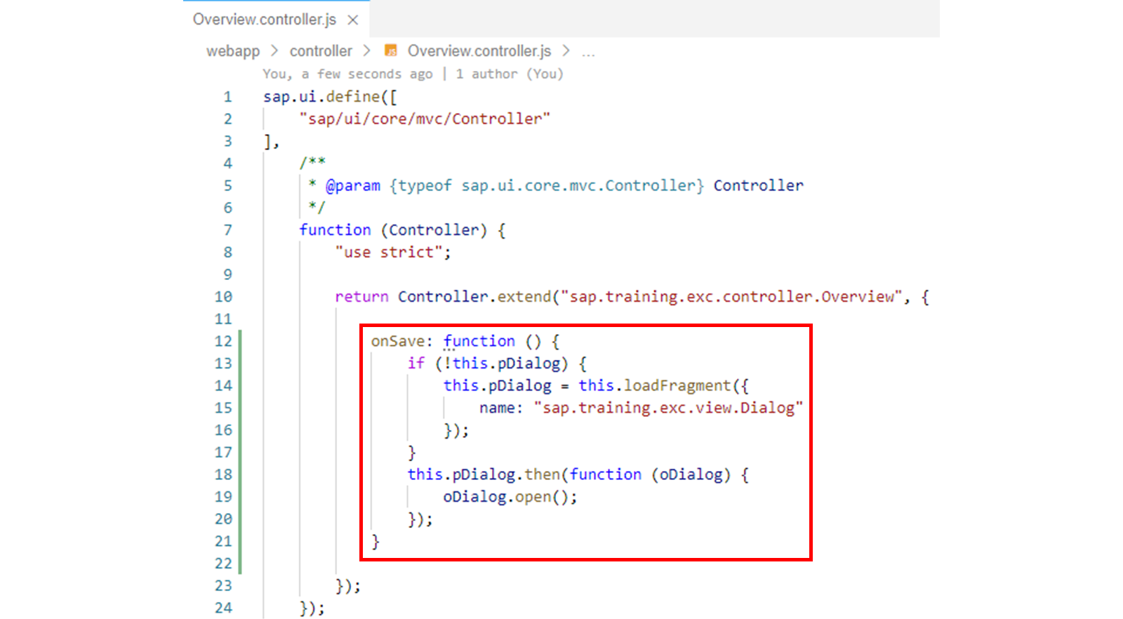 Overview.controller.js 文件,突出显示 onSave 函数。
