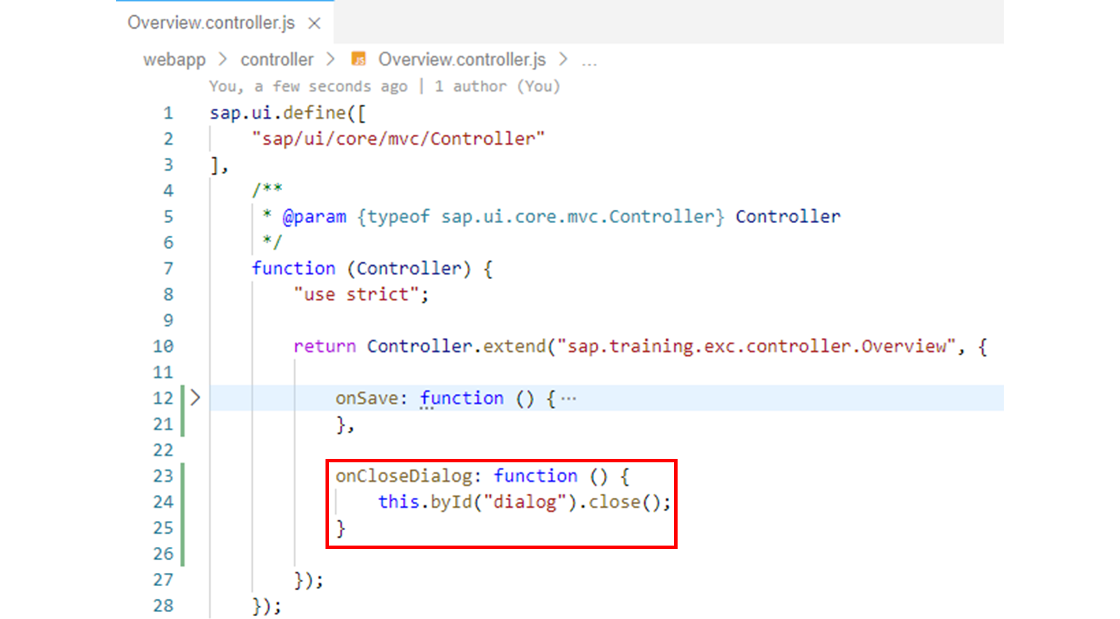 Overview.controller.js 文件,突出显示 onCloseDialog 函数。