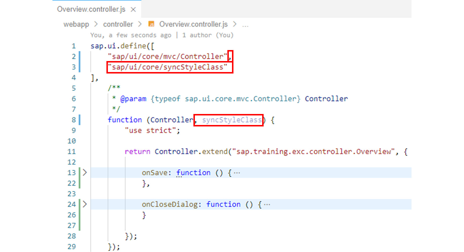 Overview.controller.js 文件，突出显示 onSave 函数。