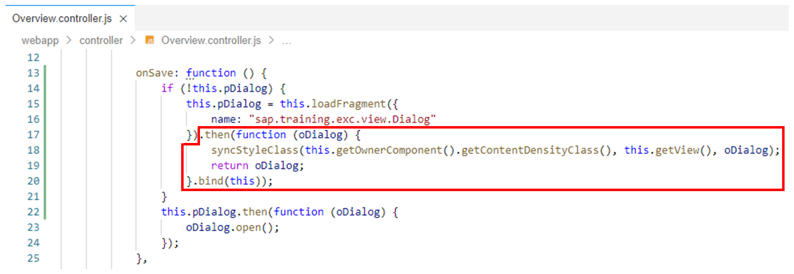 Overview.controller.js 文件，突出显示 then 函数。