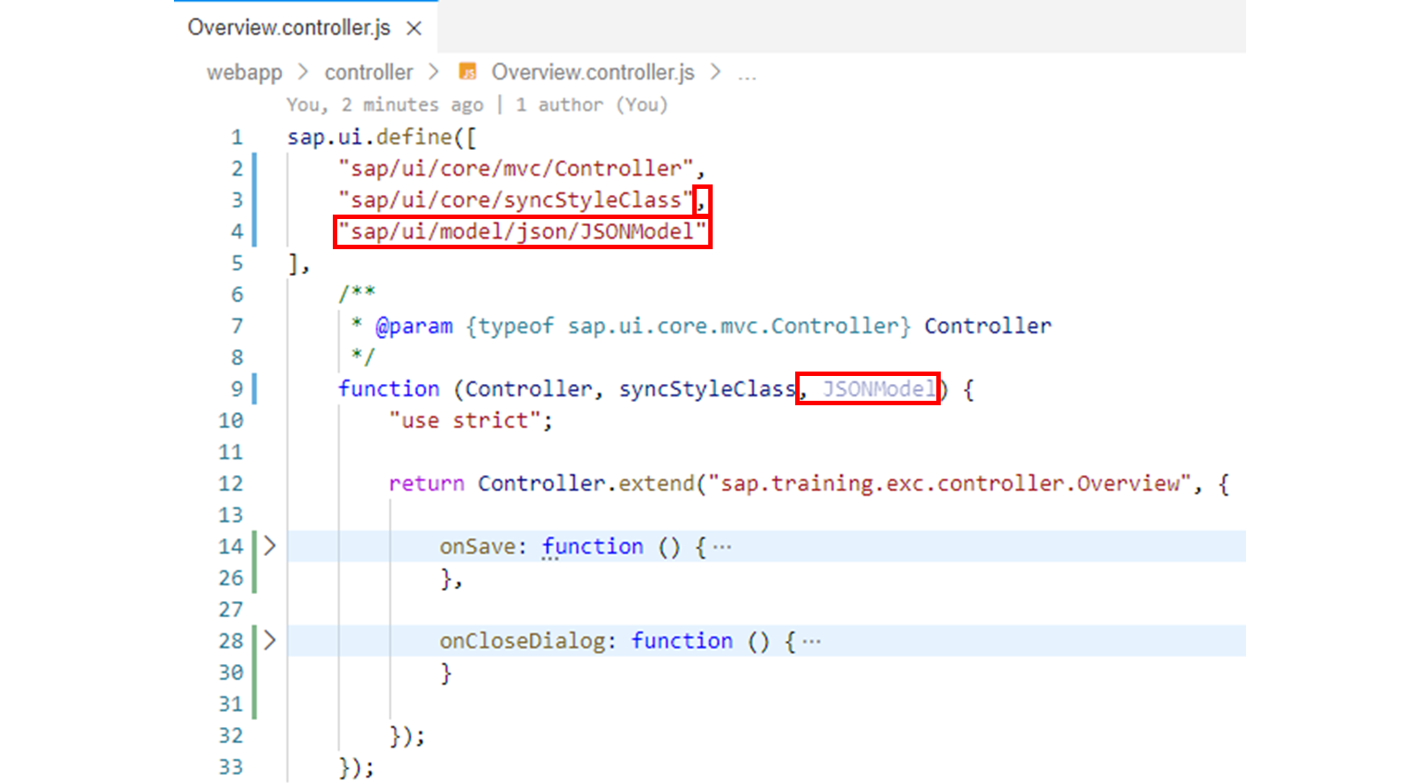 Overview.controller.js 文件，高亮显示 sap/ui/model/json/JSONModel 代码。