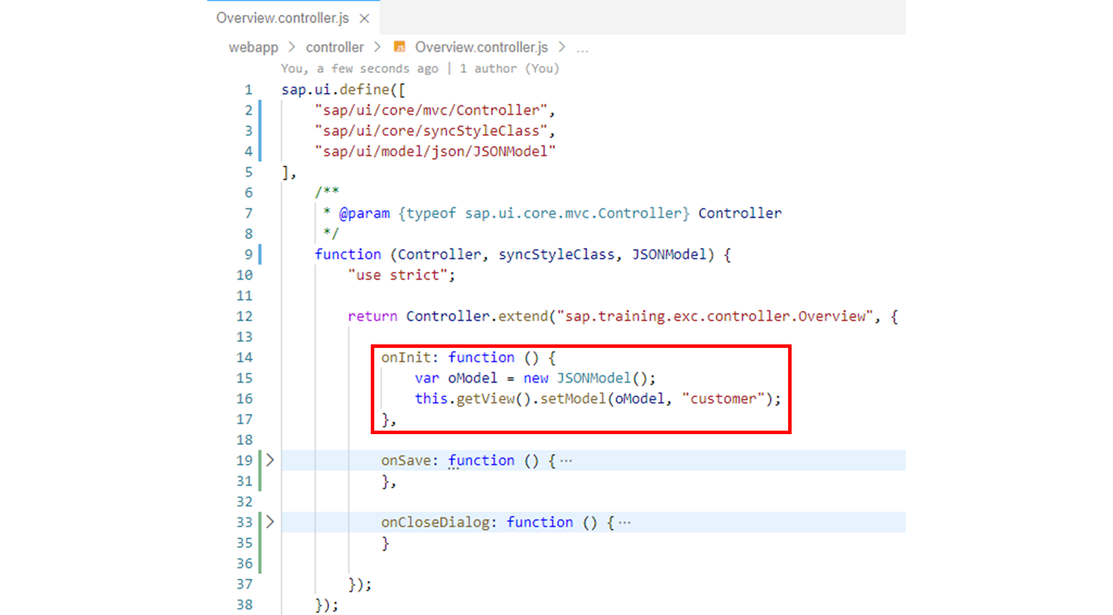 Overview.controller.js 文件,高亮显示 onInit 函数。