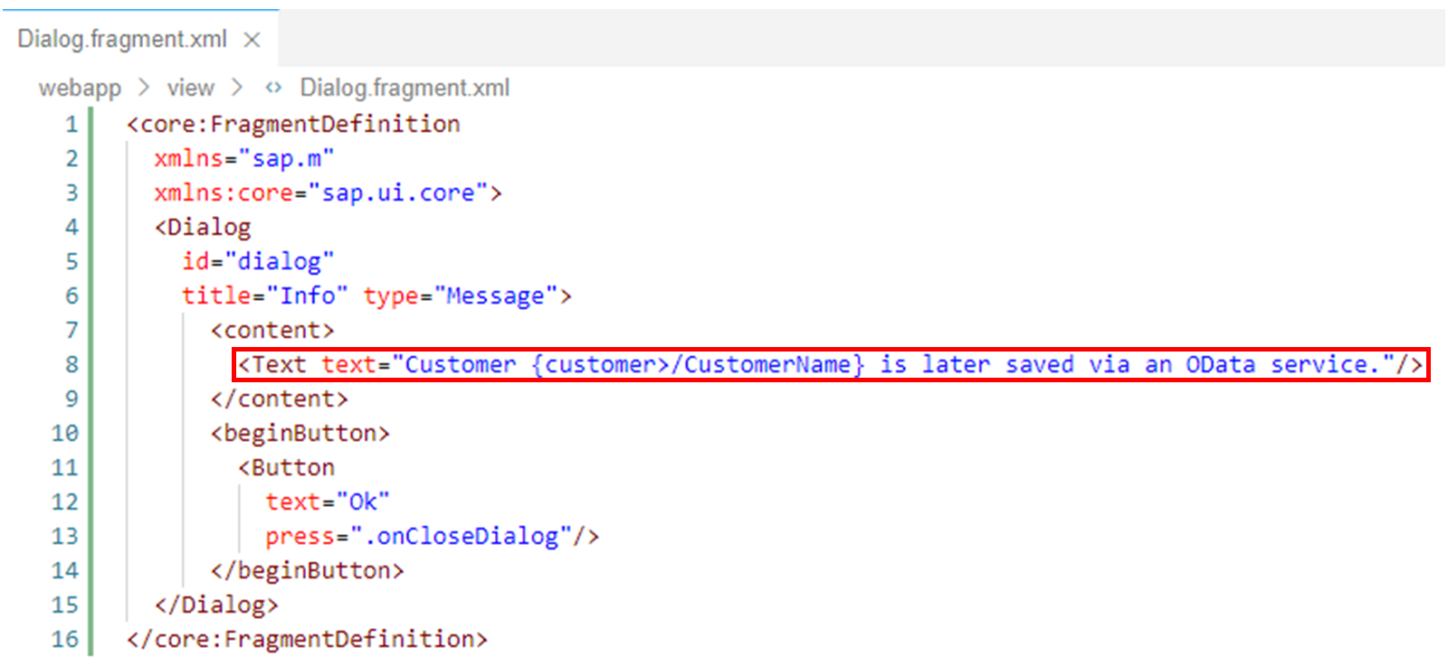 Dialog.fragment.xml 文件，高亮显示 Text 标签。