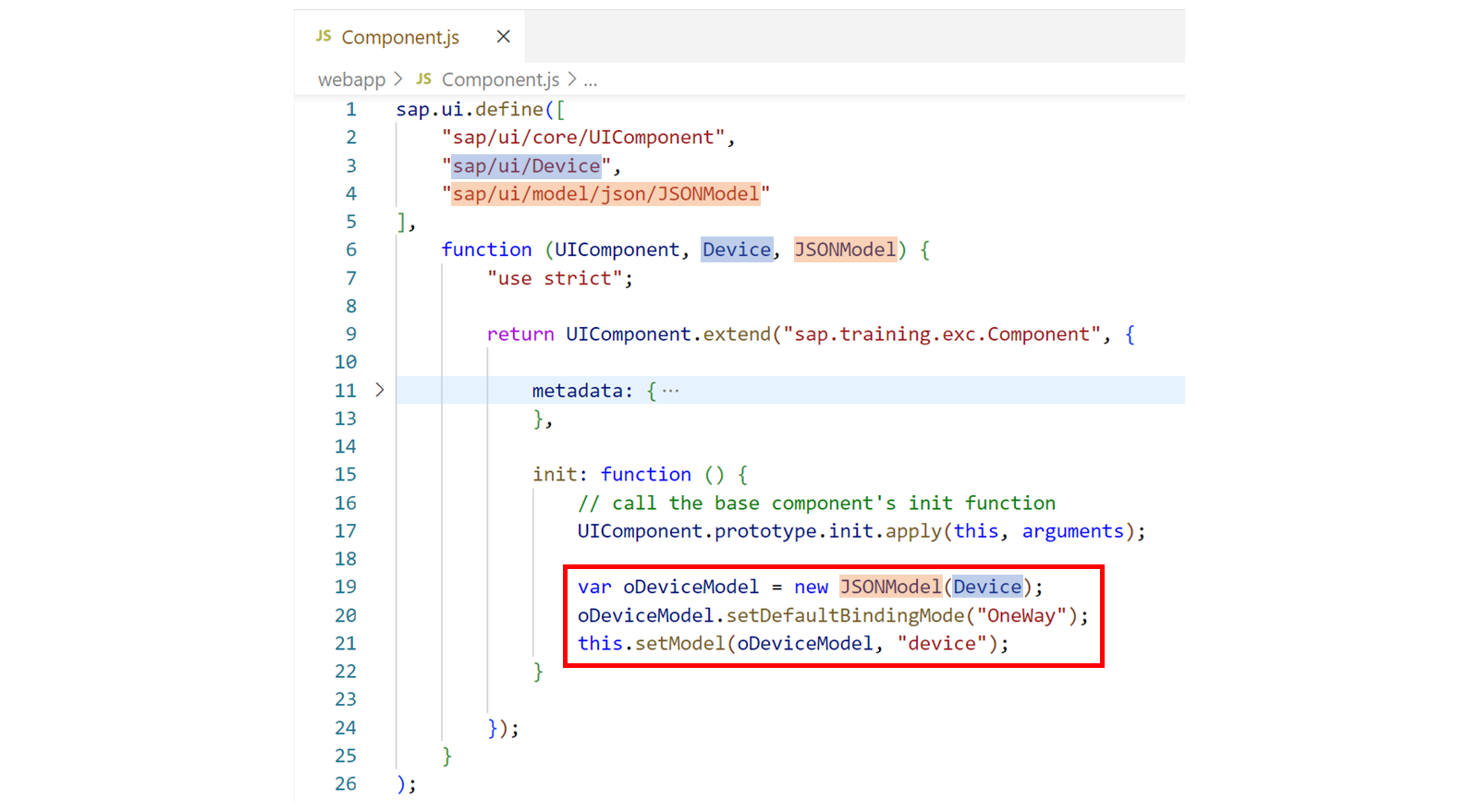 component.js 文件中的示例设备模型代码，如以下文本所述。