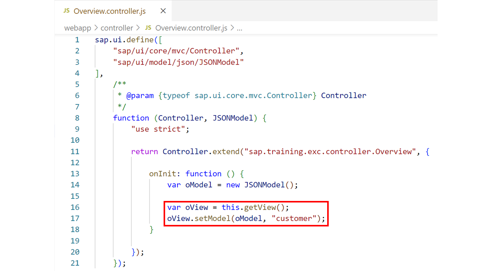 实例化的 JSON 模型被分配到视图的截图。