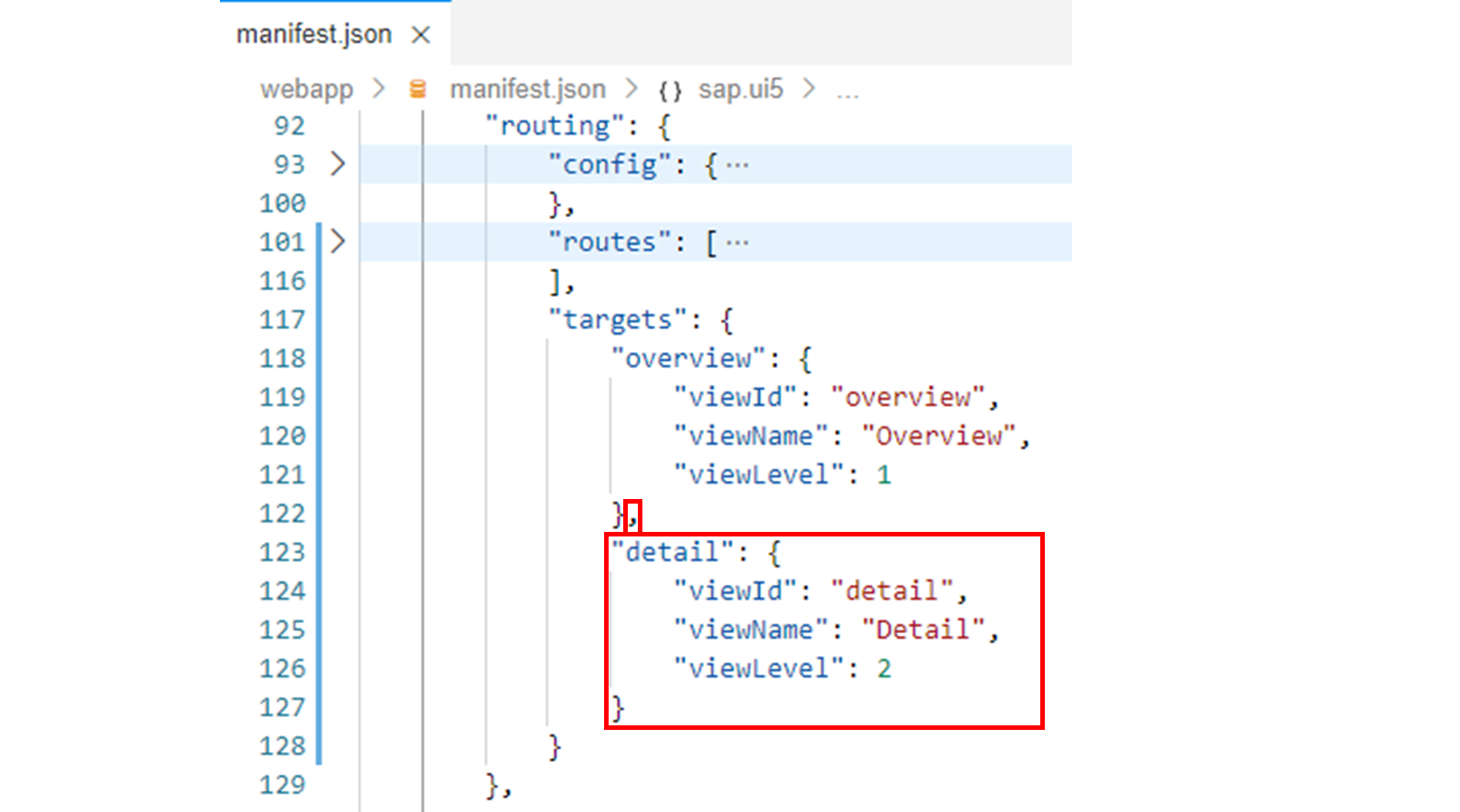 manifest.json 文件,其中突出显示了 detail 目标