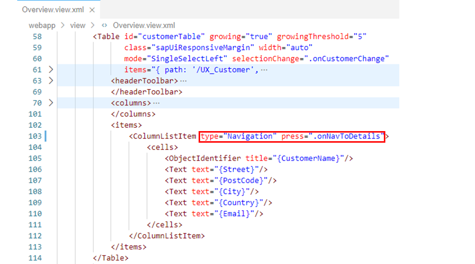 Overview.view.xml 文件，ColumnListItem 标签。