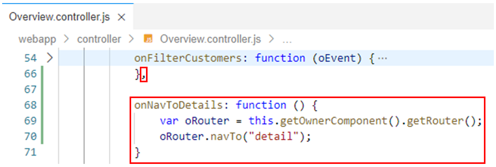 Overview.controller.js 文件，其中突出显示了 onNavToDetails 行。