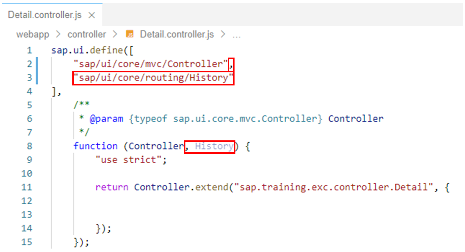 Detail.controller.js 文件，突出显示 sap/ui/core/routing/History 代码。