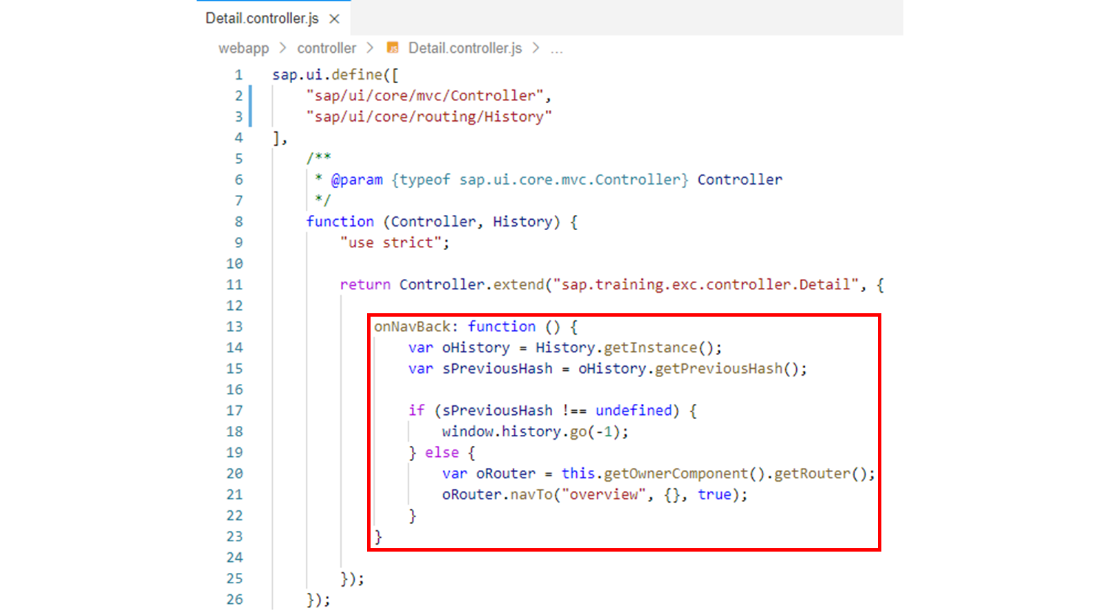 Detail.controller.js 文件，突出显示 sap/ui/core/routing/History 代码。