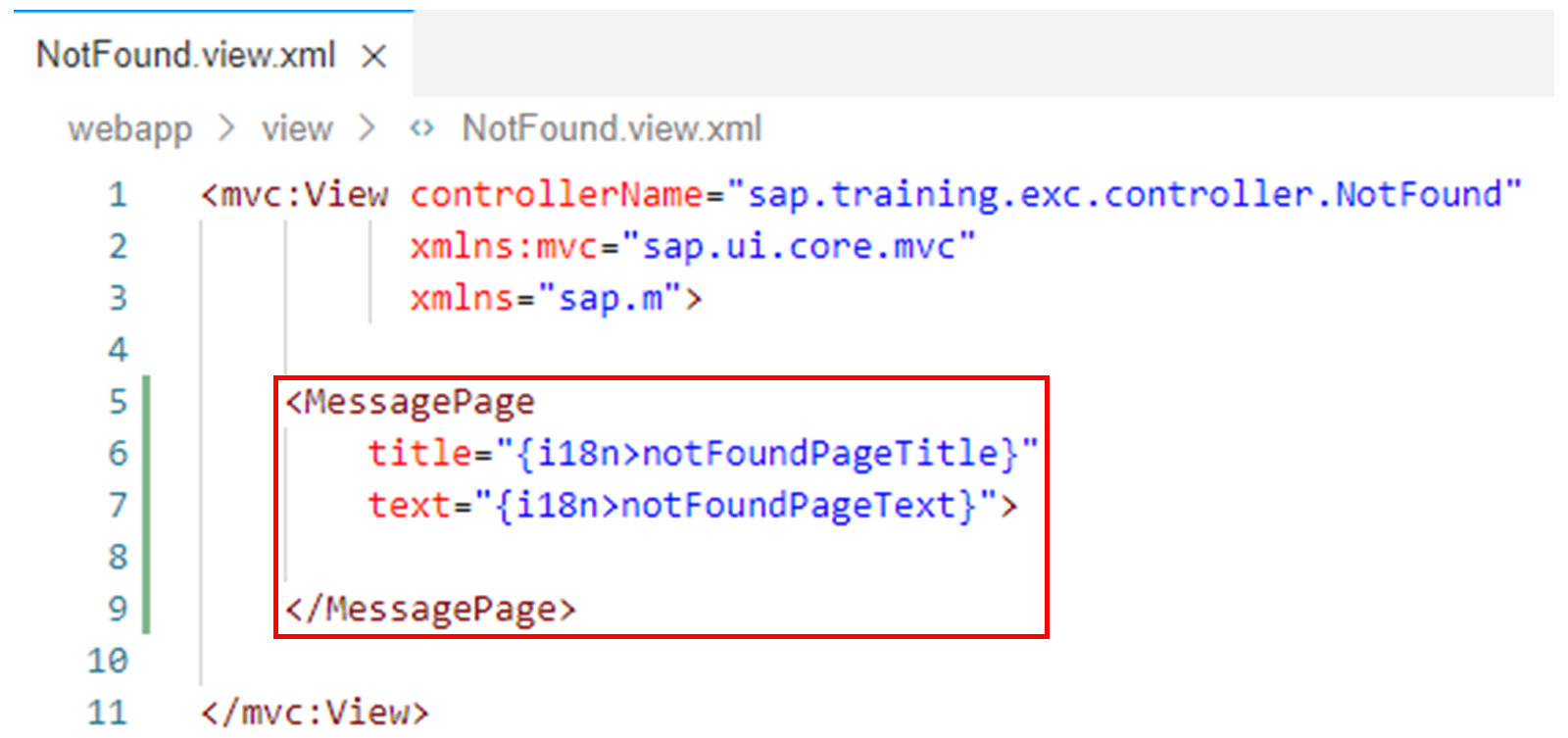 NotFound.view.xml 文件,其中突出显示了 MessagePage 标签。