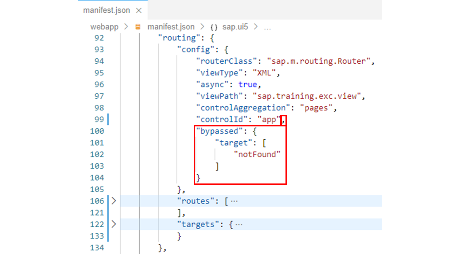 manifest.json 文件，其中突出显示了 bypassed 属性。