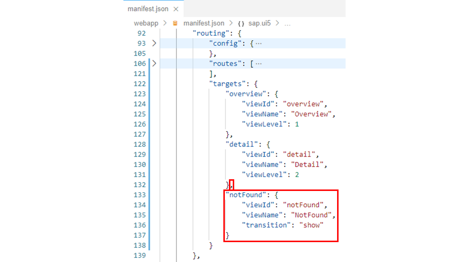 manifest.json 文件,其中突出显示了 notFound 属性。