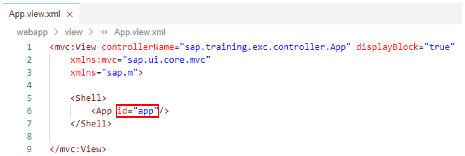 XML 文件,其中突出显示 id=app。