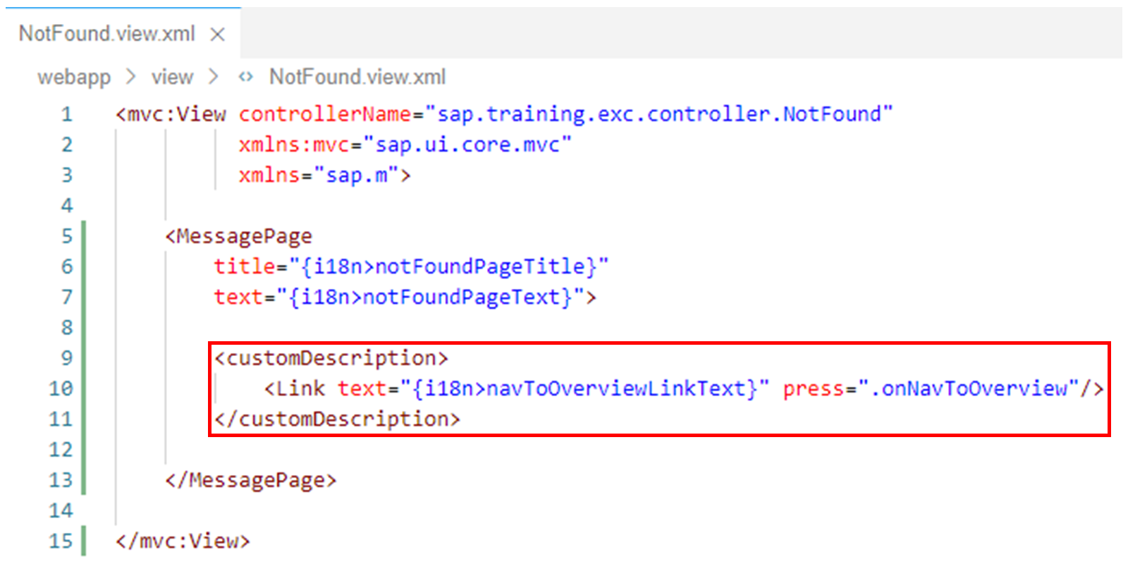 Notfound.view.xml 文件，其中突出显示了 customDescription 代码。